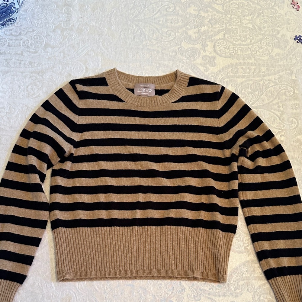 J. Crew Women's Black and Tan Striped Crew Neck Sweater